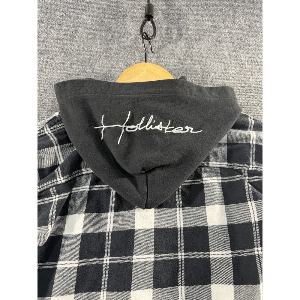 Hollister California Hooded Flannel Shirt Men's Medium Black White Buffalo Plaid